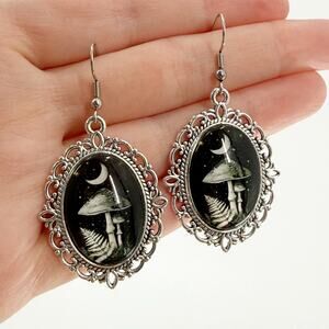 Mushroom Moon Earrings Gothic Silver Tone Dangle Cottagecore Witchy